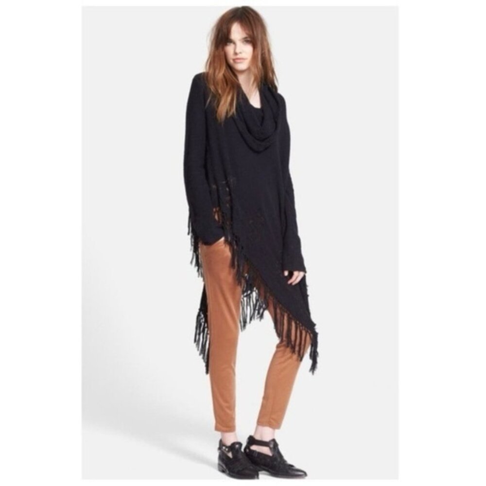 Free People Rare Temptress Fringe Cowl Neck Black Poncho Sweater Size S